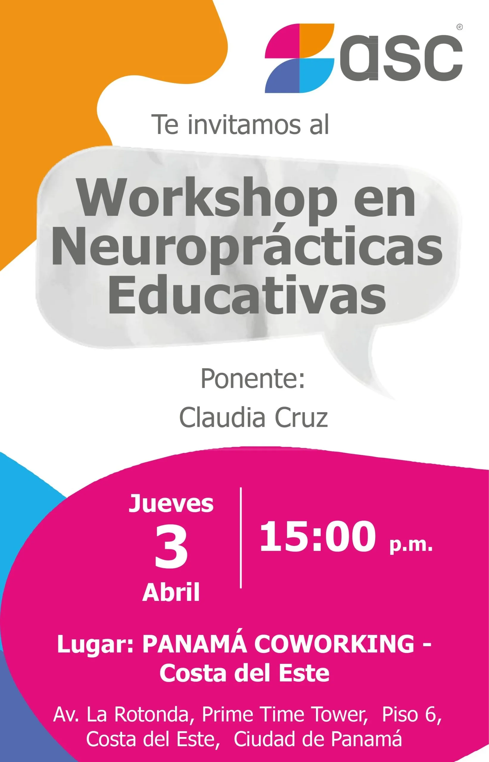 Flyer del evento Workshop en Neuroprácticas Educativas - Panamá Coworking - Costa del Este